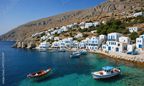 A picturesque village nestled on a hillside overlooking a calm, turquoise bay, with boats docked along the shore