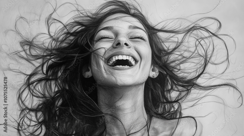 Fototapeta premium Kobieta śmieje się radośnie, a wiatr rozwiewa jej włosy, tworząc dynamiczny obraz pełen energii i beztroski. Naturalna radość emanuje z jej twarzy, oddając atmosferę chwili.