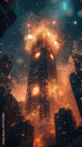 Rascacielos que muestra unas monedas de Bitcoin subiendo por la fachada del edificio en claro ascenso a la cima con explosión de fuegos artificiales indicando despegue histórico de valor de mercado photo