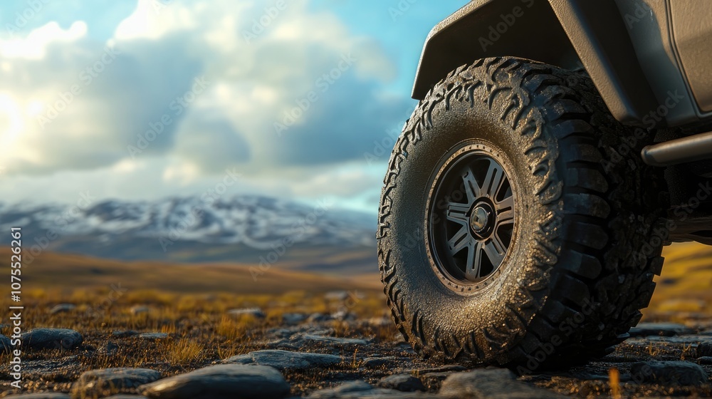 Spare wheel on an off road vehicle parked in an open area Spare wheel on an off road vehicle parked in an open area