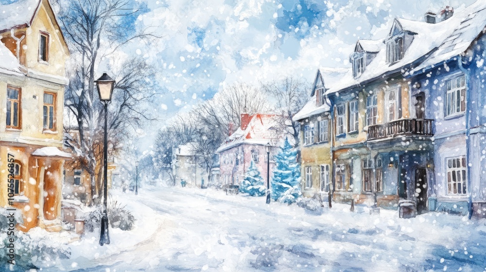 Fototapeta premium Watercolor artwork depicting a winter scene on a historical street