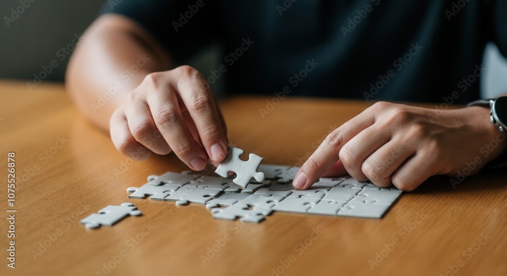Problem-solving with jigsaw puzzles on wooden table Problem-solving with jigsaw puzzles on wooden table