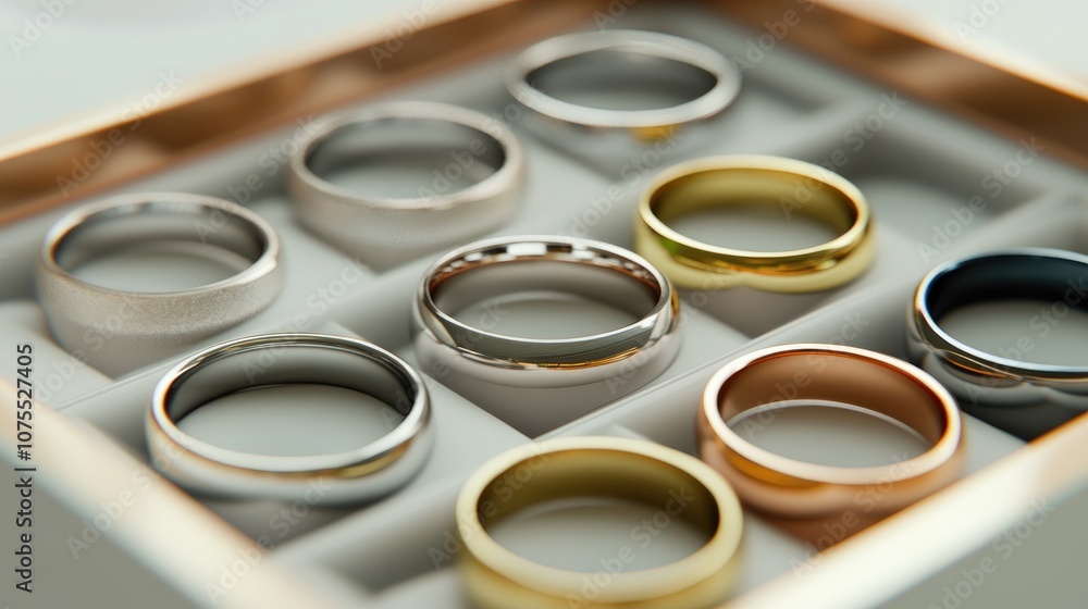 Elegant wedding rings displayed in a box from a high angle perspective Elegant wedding rings displayed in a box from a high angle perspective