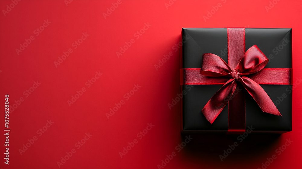Top view black gift box, adorned with vibrant red ribbon marsala background. Ideal for your Black Friday deals Top view black gift box, adorned with vibrant red ribbon marsala background. Ideal for your Black Friday deals