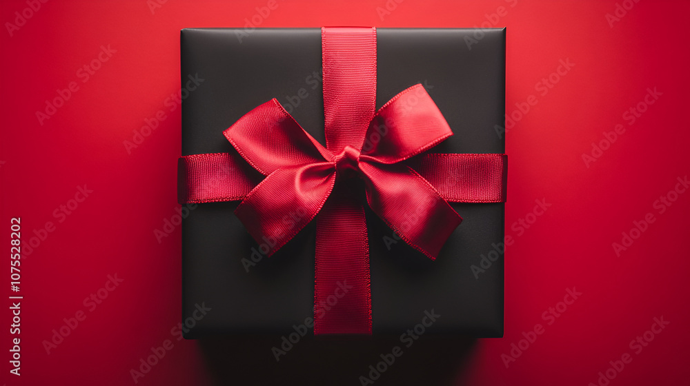 Top view black gift box, adorned with vibrant red ribbon marsala background. Ideal for your Black Friday deals Top view black gift box, adorned with vibrant red ribbon marsala background. Ideal for your Black Friday deals