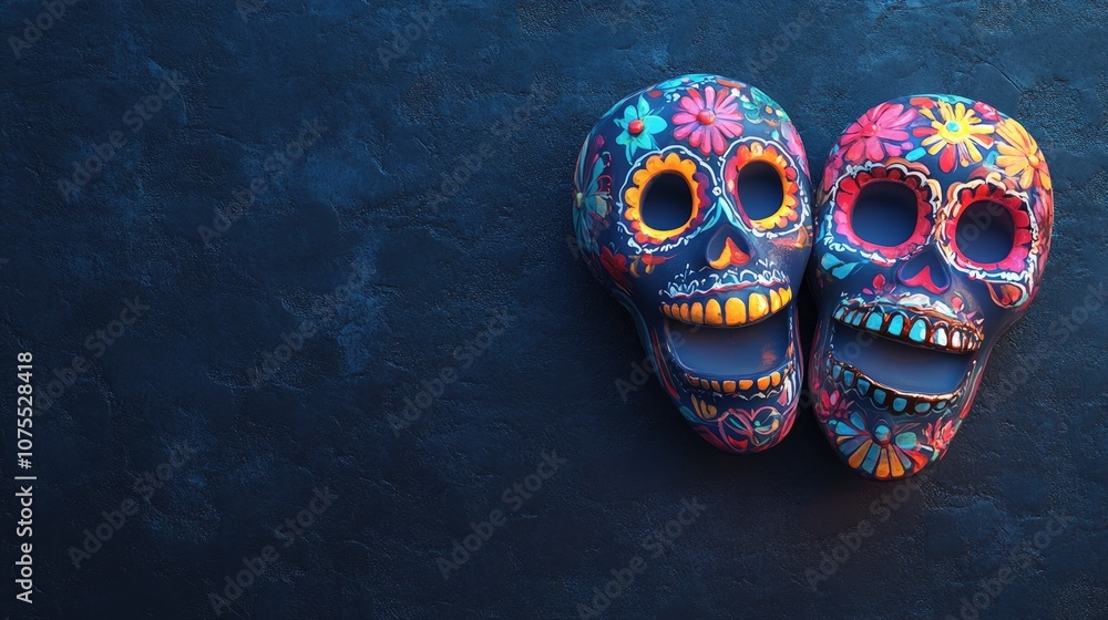Naklejka premium Colorful decorative skulls on a dark textured background celebrating the vibrant traditions of a cultural festival Space for text included