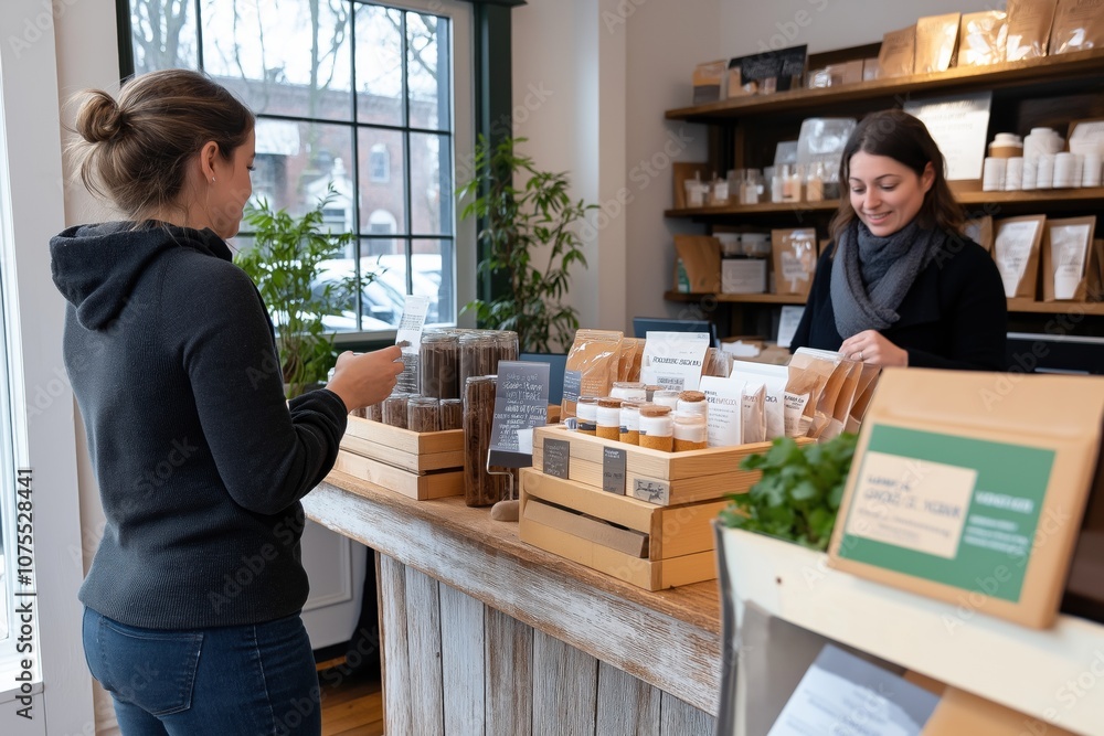 Fototapeta premium A woman is standing in front of a counter in a store. She is looking at a display of items and she is interested in them. The store is filled with various items, including a potted plant and a vase
