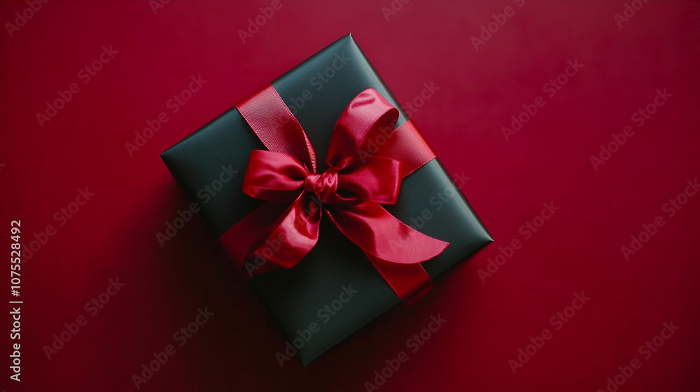Top view black gift box, adorned with vibrant red ribbon marsala background. Ideal for your Black Friday deals Top view black gift box, adorned with vibrant red ribbon marsala background. Ideal for your Black Friday deals