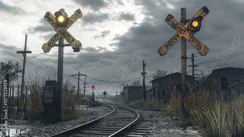 A classic railway crossing with signs, lights, and rustic design, against a cloudy sky, evoking rural charm and simpler times. photo