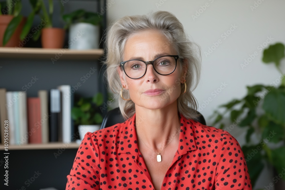 A woman wearing glasses and a red polka dot shirt sits at a desk. She is wearing a necklace and has a potted plant in the background A woman wearing glasses and a red polka dot shirt sits at a desk. She is wearing a necklace and has a potted plant in the background