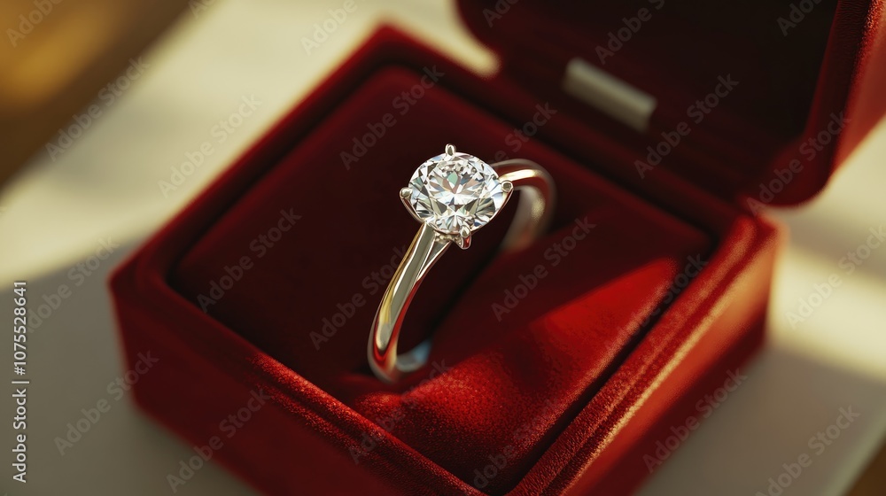 Stunning diamond engagement ring displayed in a red velvet box against a cream backdrop Stunning diamond engagement ring displayed in a red velvet box against a cream backdrop