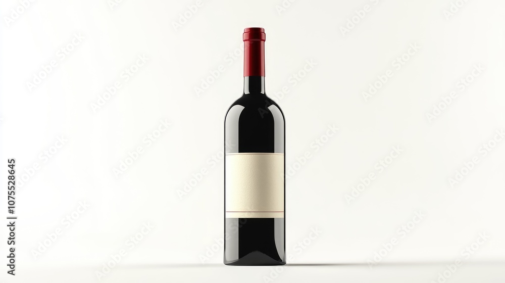 Fototapeta premium Realistic illustration of a wine bottle featuring a vineyard label presented against a clean white background in a flat design style