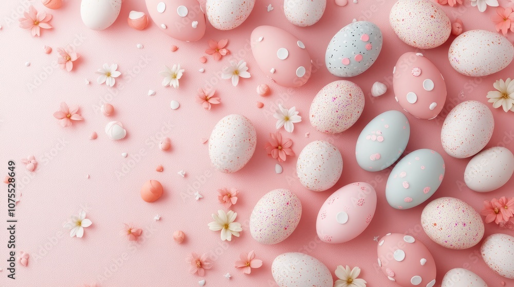 Pastel colored Easter eggs arranged on a soft pink backdrop viewed from above in a flat lay composition Pastel colored Easter eggs arranged on a soft pink backdrop viewed from above in a flat lay composition