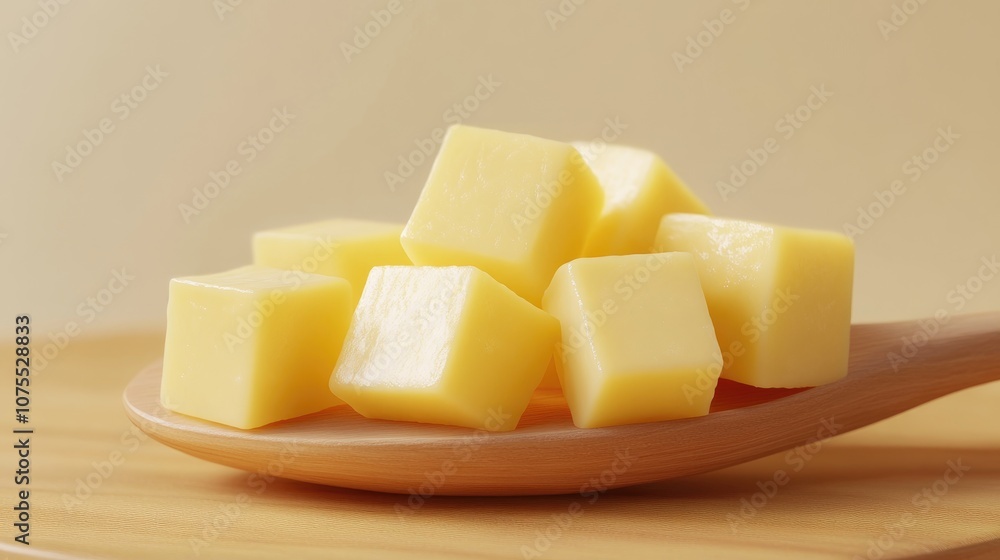 Multiple square cheese pieces arranged on a wooden spoon Multiple square cheese pieces arranged on a wooden spoon
