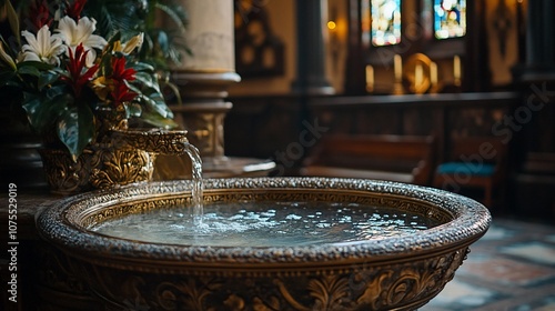 A close-up of a baptismal font in a church, with water flowing from a spout and a blurred background of the interior.