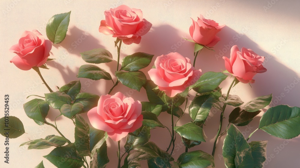 Fresh pink roses with green leaves arranged on a light table viewed from above featuring ample copy space in a flat lay composition Fresh pink roses with green leaves arranged on a light table viewed from above featuring ample copy space in a flat lay composition