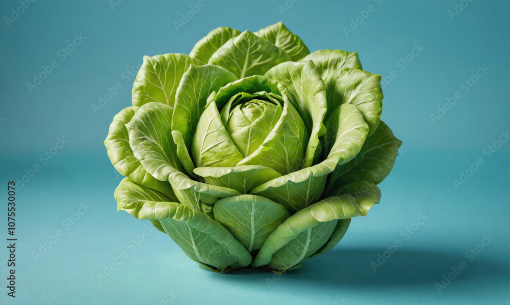 Fototapeta premium A green cabbage arranged to resemble a rose sits on a blue surface