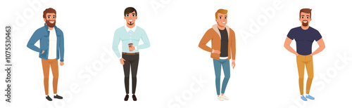 Young Man Modern Student Character Standing in Casual Fashion Wear Vector Set