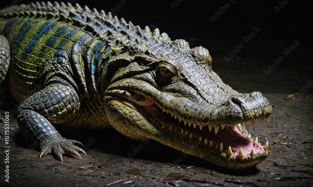 A close-up of an alligator's head with its mouth slightly open, showing its sharp teeth, taken at a zoo