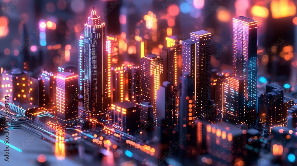 Futuristic city skyline illuminated at night with vibrant lights and reflections Futuristic city skyline illuminated at night with vibrant lights and reflections