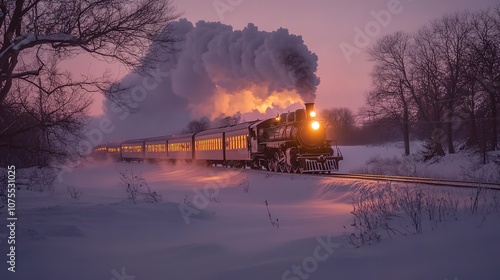 Historic steam train with a snow-covered landscape, thick steam clouds, and warm lights, creating a cozy winter scene.