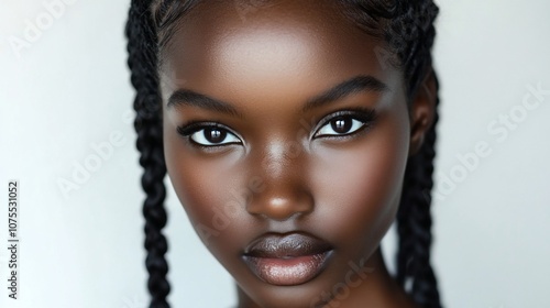 Close-up portrait of a young Black woman with braided hair looking directly at the camera.