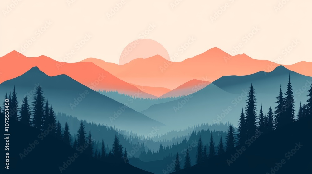 Obraz premium Sunset Over a Mountain Range. Minimalist Flat Illustration.