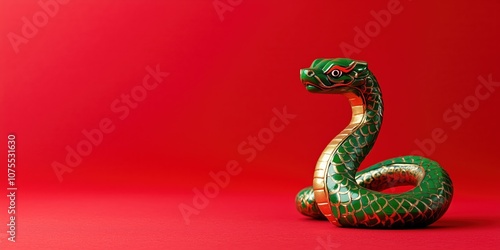 Vibrant green ceramic snake figurine on red background portraying elegance and mystery for chines new year