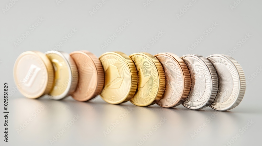 Coins of various denominations are arranged in a neat line, showcasing their different colors and textures, highlighting currency variety and metallic finishes. Coins of various denominations are arranged in a neat line, showcasing their different colors and textures, highlighting currency variety and metallic finishes.