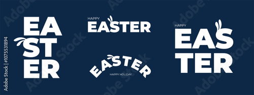 Happy Easter lettering set. Paschal celebration modern inscription for greeting card. Springtime holiday letters logo. Trendy typography logotype with cute bunny ears. Eps badge