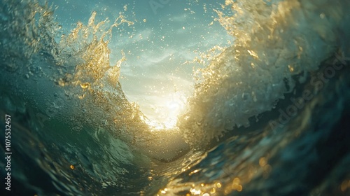 Golden sunlight filters through ocean waves at sunrise near a serene coastline