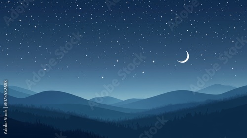 Night Landscape with Crescent Moon and Starry Sky. Minimalist Flat Illustration.