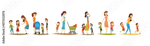 Woman Mother Walking Outdoor with Her Kids Vector Set