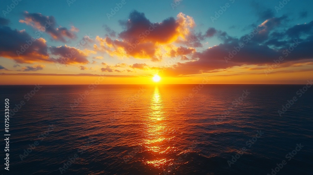 A breathtaking sunset over the ocean with the sun setting behind the clouds, casting an orange glow across the water. A breathtaking sunset over the ocean with the sun setting behind the clouds, casting an orange glow across the water.