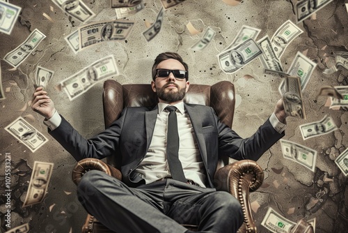 Businessman with sunglasses throwing money while sitting in a leather armchair with more cash falling around him