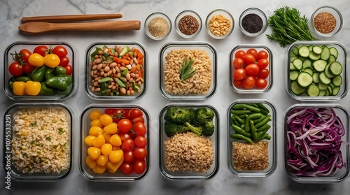 Organized meal prep containers with colorful vegetables and grains. 