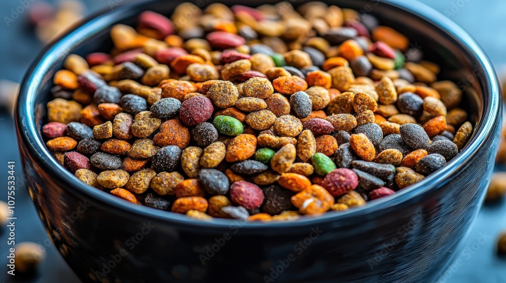 Colorful pet food in a black bowl on a textured surface during daylight hours Colorful pet food in a black bowl on a textured surface during daylight hours