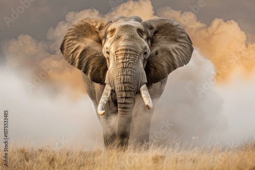 Elephant bull is kicking up dust while walking through the savanna photo