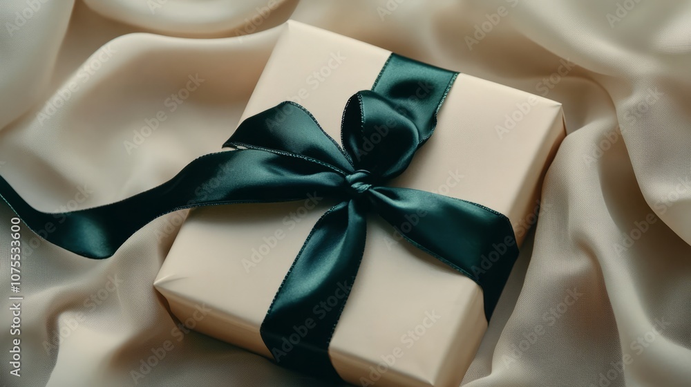 cream gift box with blue ribbon against silk background cream gift box with blue ribbon against silk background