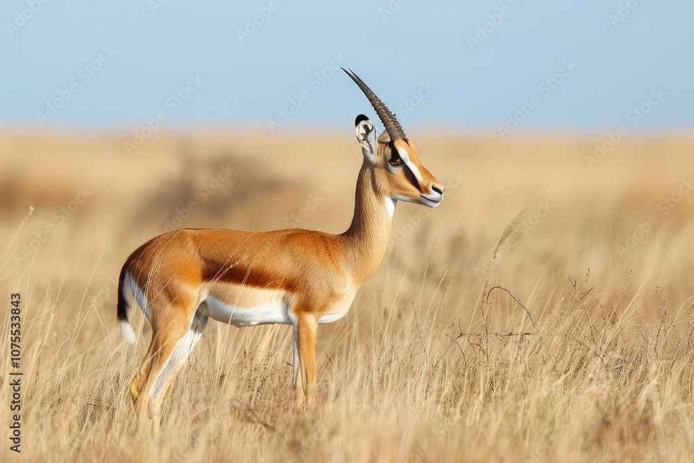Young male grant's gazelle is standing in tall dry grass on the savanna Young male grant's gazelle is standing in tall dry grass on the savanna