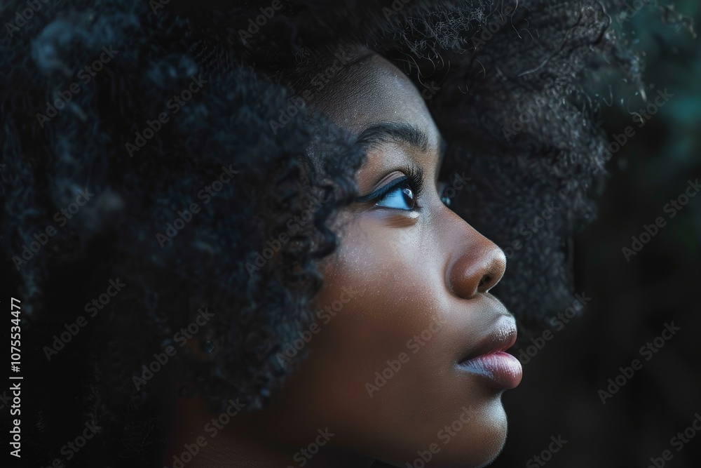 Closeup of a pensive young woman with natural hair looking upward, half in shadow Closeup of a pensive young woman with natural hair looking upward, half in shadow