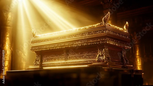 The Ark of the Covenant, an ancient sacred chest, intricately designed with gold.
Bible Jewish God holiest chest.
