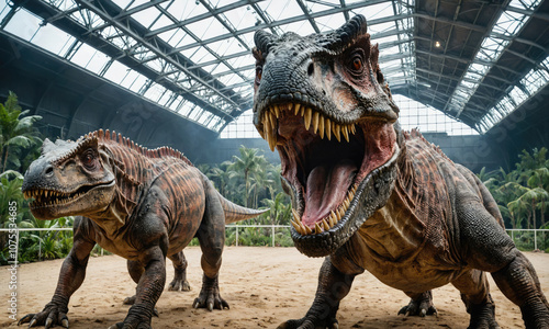 Two large dinosaurs, one roaring, stand in an indoor exhibit