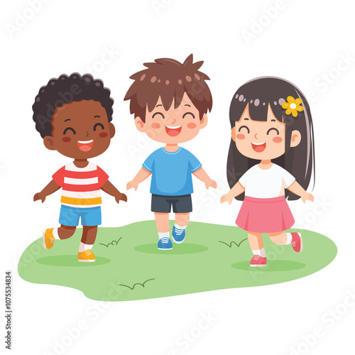 Smiling international kids playing and running together on white background. Poster, Banner, Flyer, Greeting Card. Cartoon character in flat design style isolated. Vector illustration