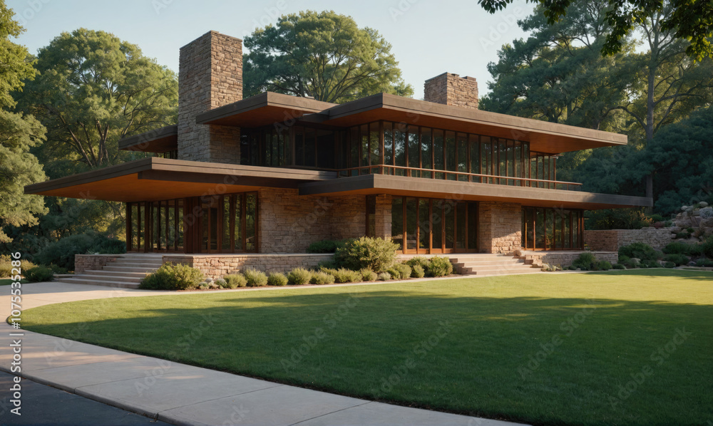 A modern house with a large lawn and a curved driveway sits in a wooded area A modern house with a large lawn and a curved driveway sits in a wooded area