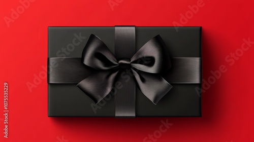 black gift box with black ribbon against red background