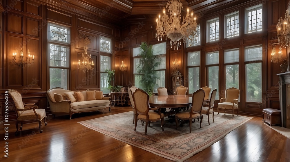 Opulent dining area with ornate decor and an exquisite central chandelier.
Opulent dining area with ornate decor and an exquisite central chandelier.