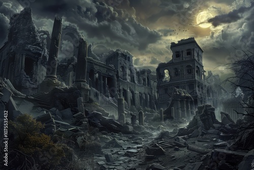 Ruins of a Lost City Under a Gloomy Moon