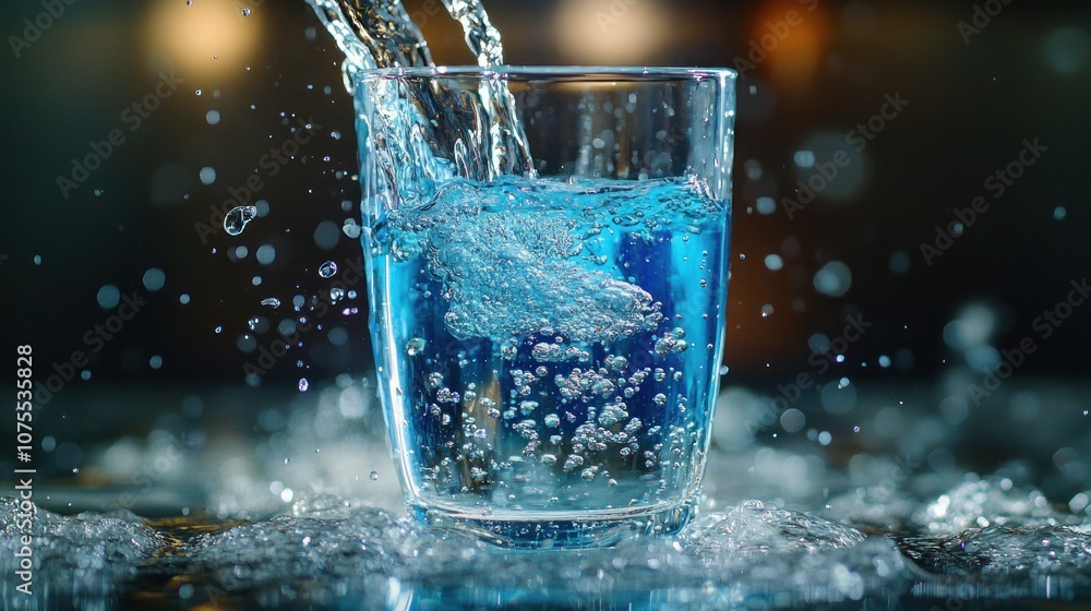 Blue liquid being poured into a glass, creating splashes and bubbles. Blue liquid being poured into a glass, creating splashes and bubbles.