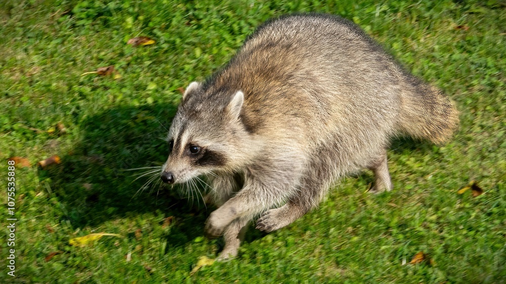 Naklejka premium Cutie raccoons seeking food at house backyard